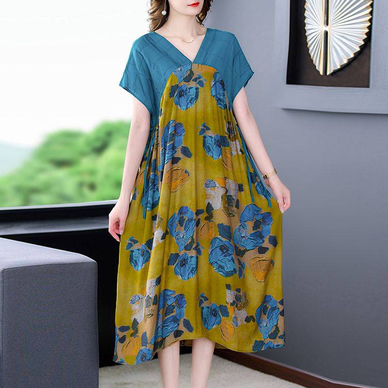 網紅爆款夏季新款寬鬆復古印花高端優雅連衣裙